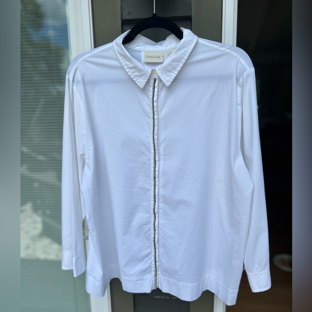 Chicos White Long Sleeve Button Front Shirt Rhinestone Zipper Detail‎ Women XL